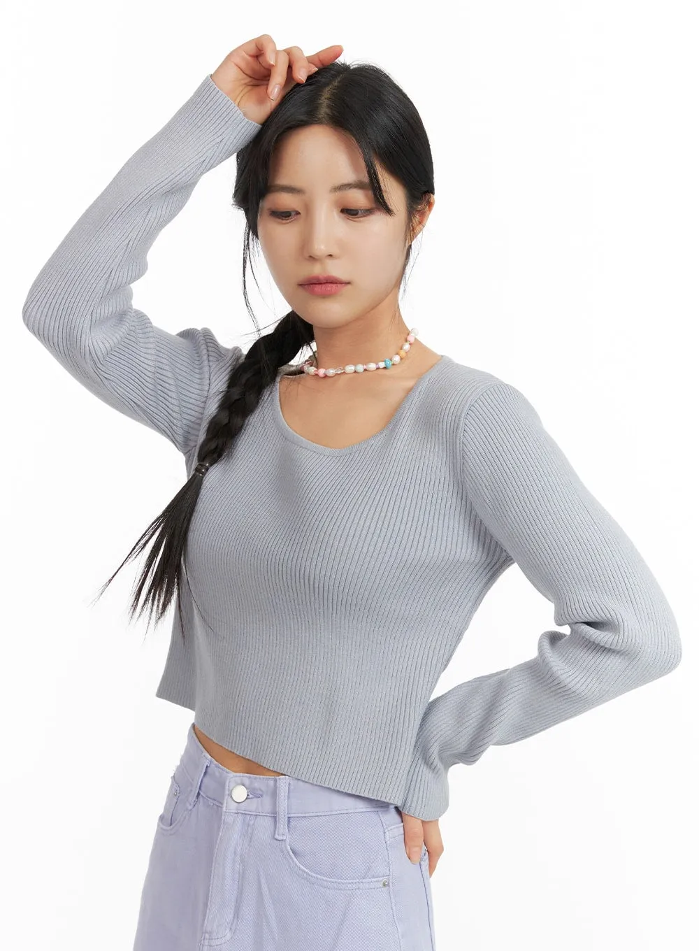 Round Neck Knit Long Sleeve Top OF420