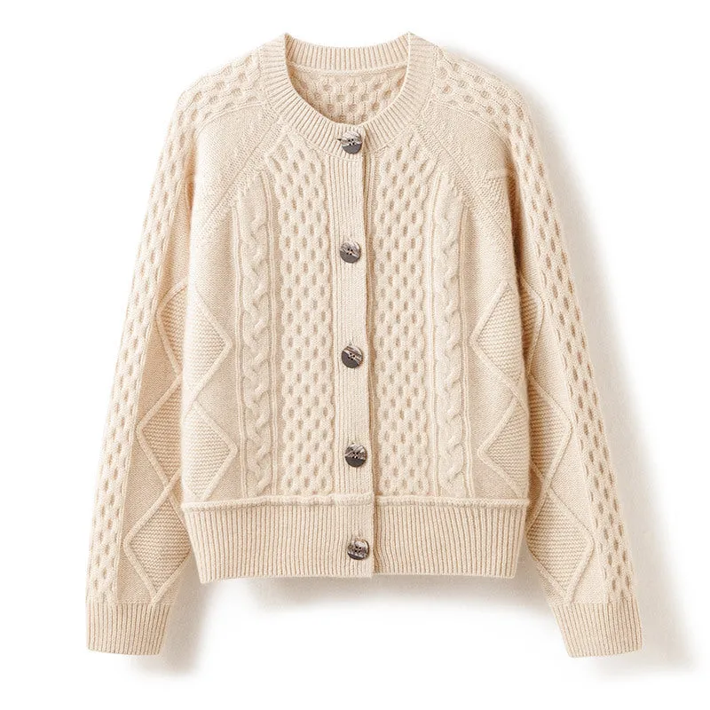 Round Neck Single-breasted Knitted Thickened Coat Long-sleeved Twisted sweater