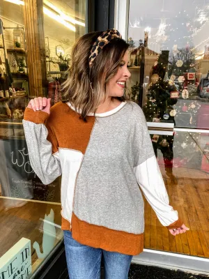 Rust, Grey & Ivory Color Block Asymmetrical Top