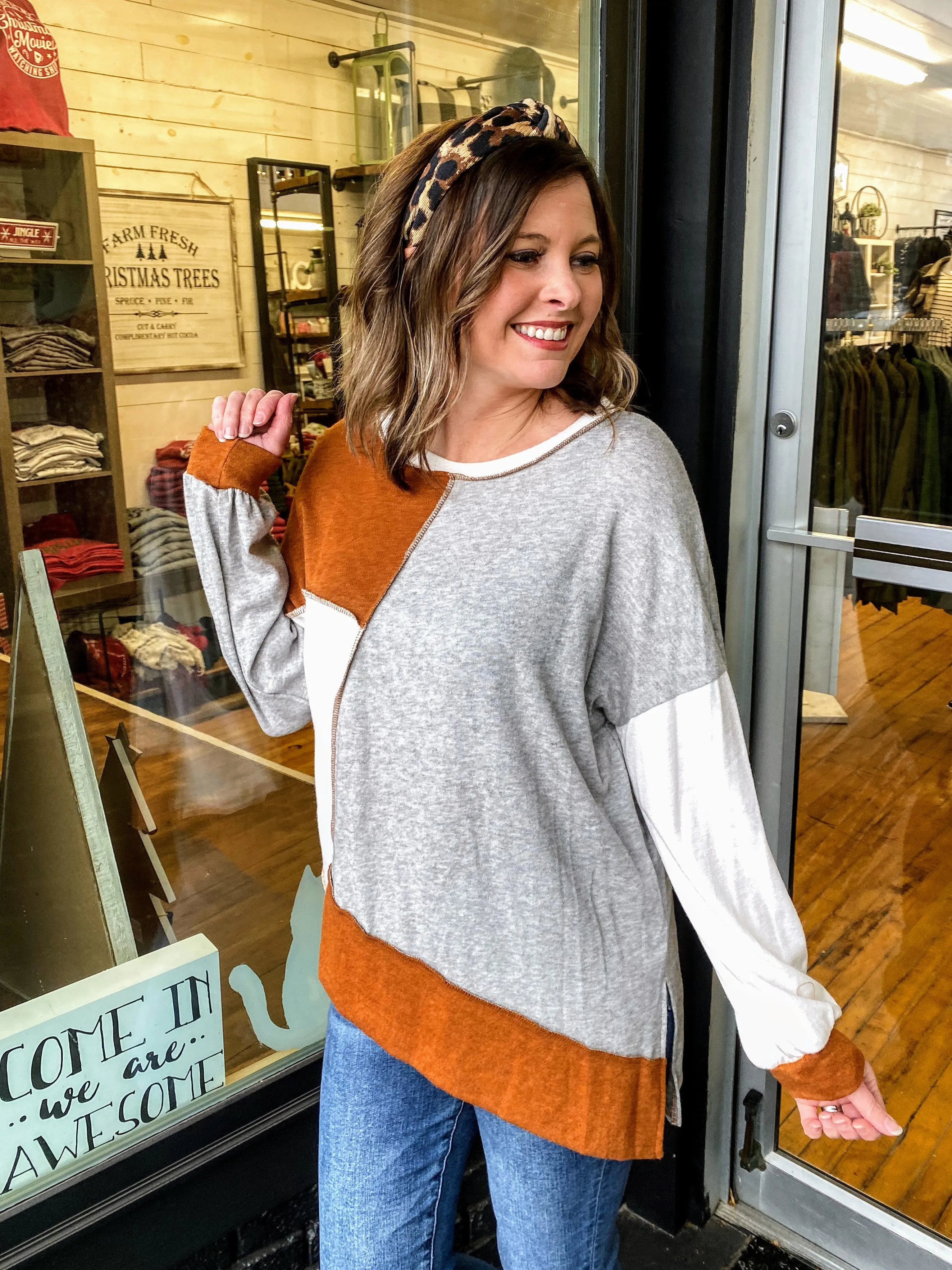 Rust, Grey & Ivory Color Block Asymmetrical Top