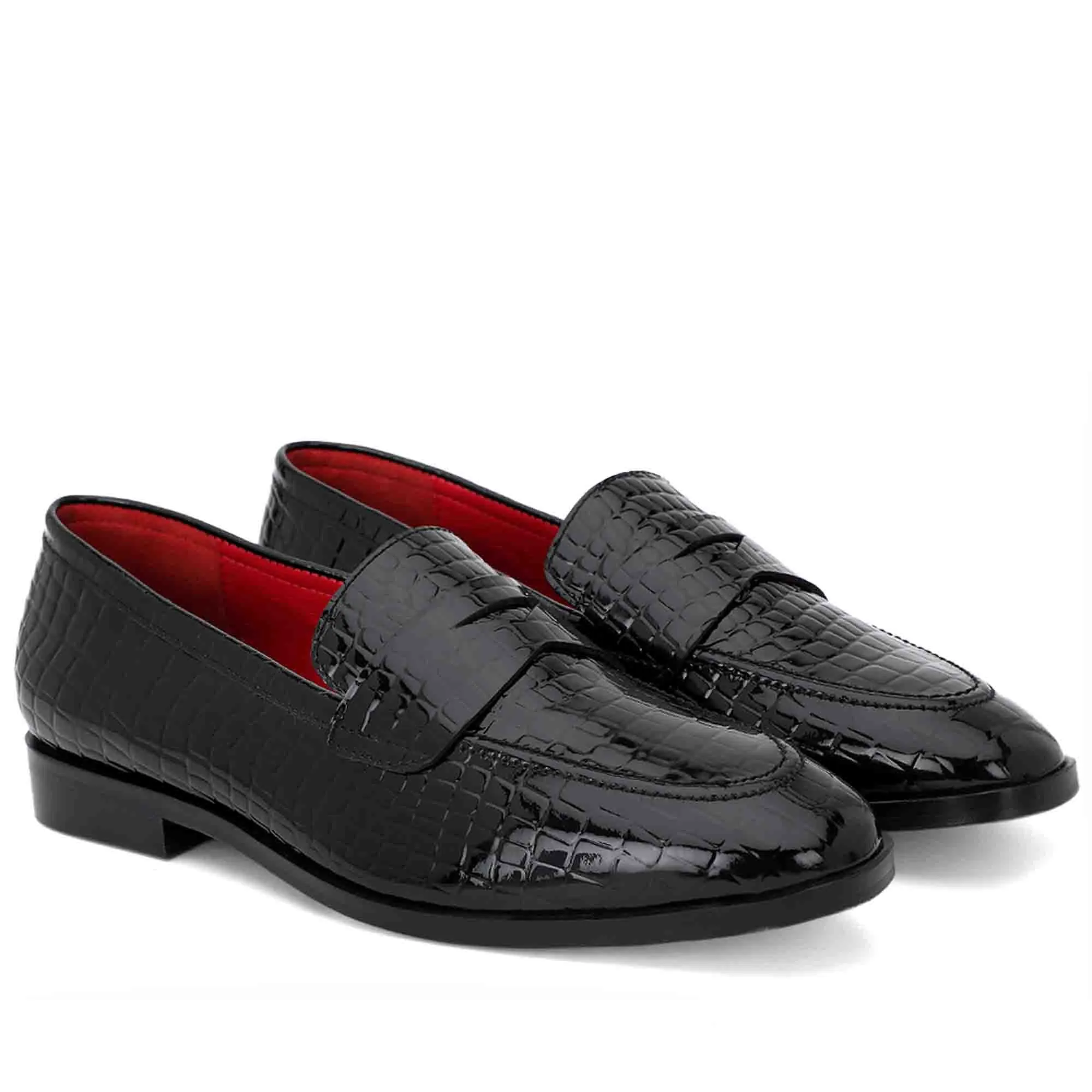 Saint Lucas Croco Embossed Black Leather Moccasins