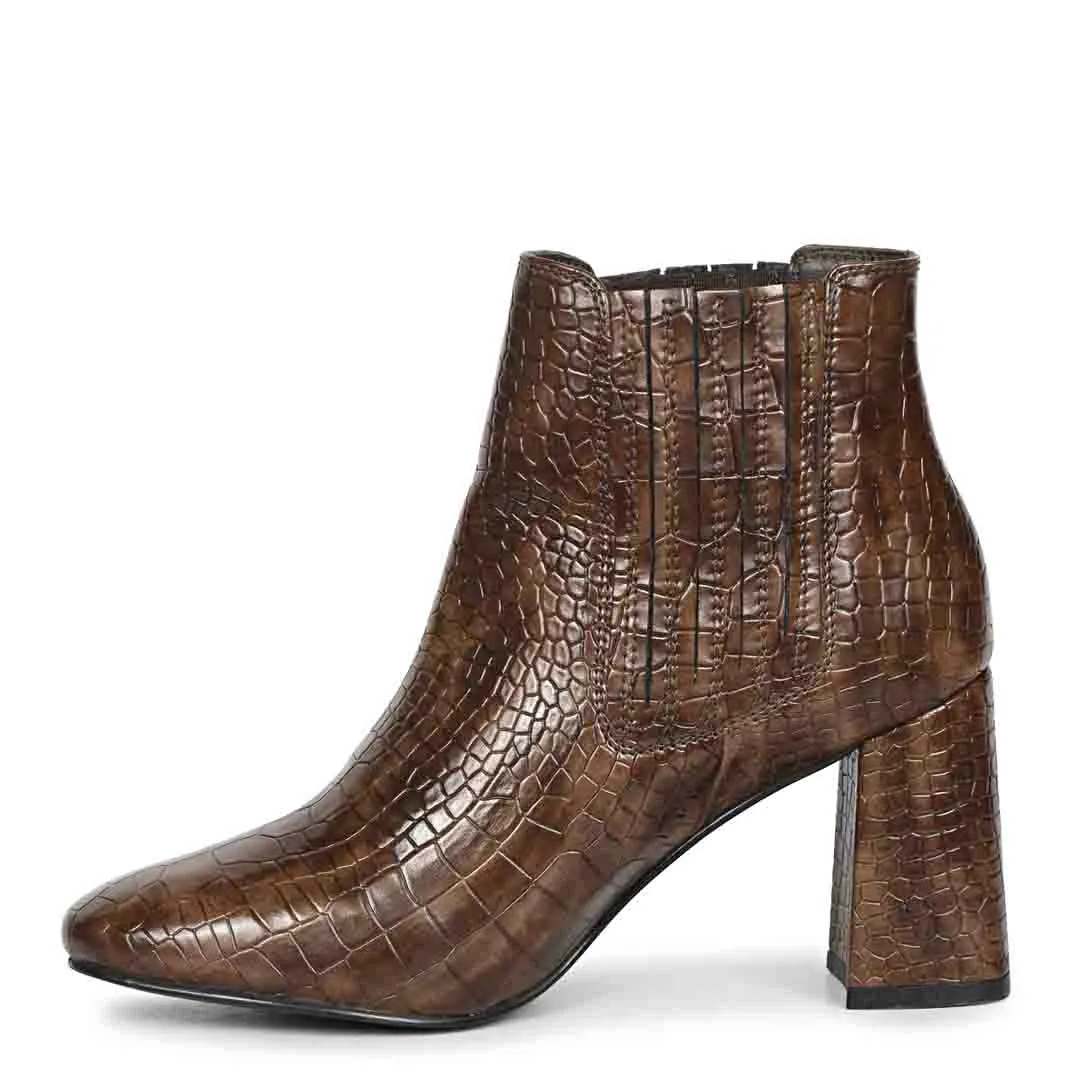 Saint Milana Brown Croco Embossed Vegan Leather Ankle Boots