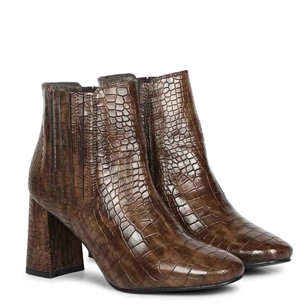 Saint Milana Brown Croco Embossed Vegan Leather Ankle Boots