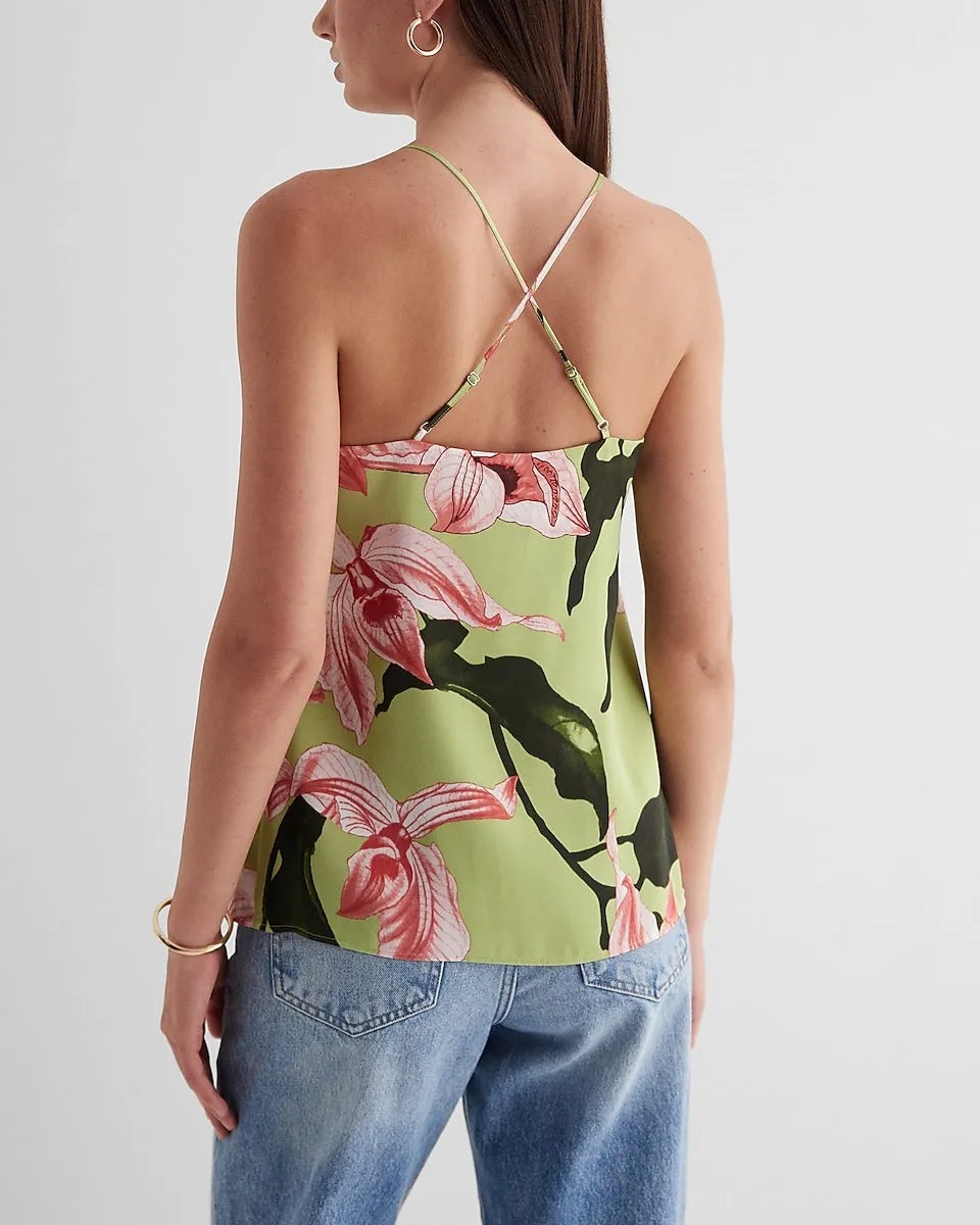 Satin Floral V-Neck Cross-Back Downtown Cami in Green Print