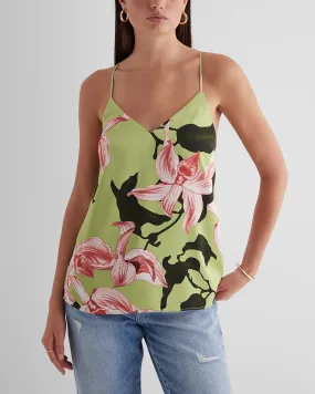 Satin Floral V-Neck Cross-Back Downtown Cami in Green Print