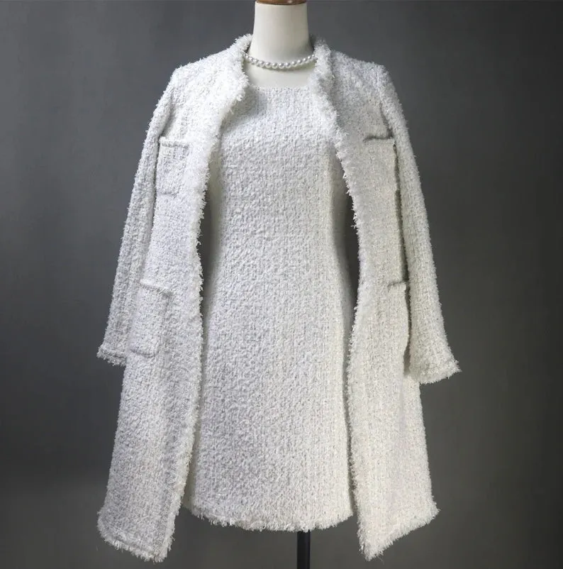 Specially crafted Tweed Long / Short Sheath Dress   Long / Short Coat White White tweed sheath dress Summer Wedding Dress