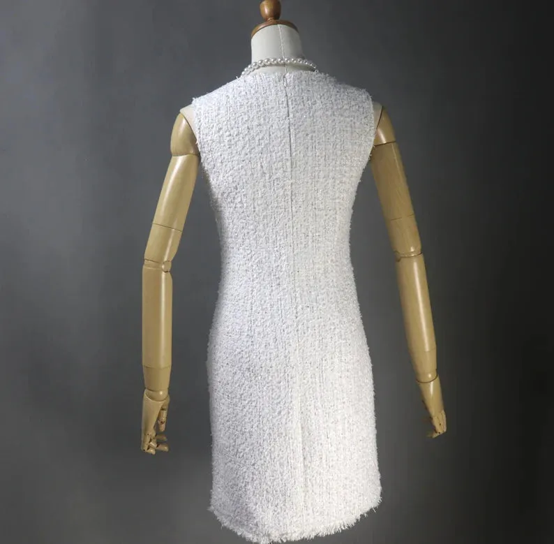 Specially crafted Tweed Long / Short Sheath Dress   Long / Short Coat White White tweed sheath dress Summer Wedding Dress