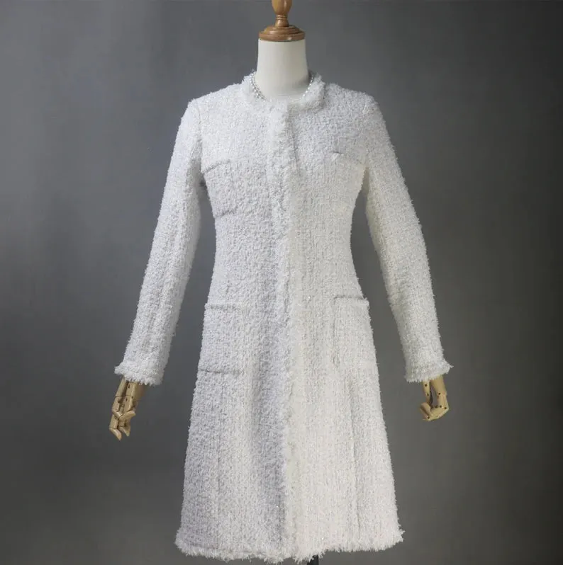 Specially crafted Tweed Long / Short Sheath Dress   Long / Short Coat White White tweed sheath dress Summer Wedding Dress