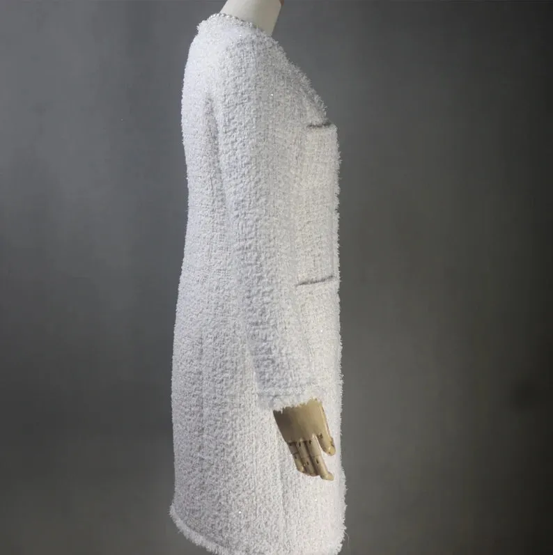 Specially crafted Tweed Long / Short Sheath Dress   Long / Short Coat White White tweed sheath dress Summer Wedding Dress