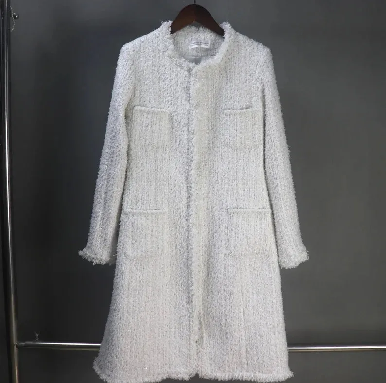 Specially crafted Tweed Long / Short Sheath Dress   Long / Short Coat White White tweed sheath dress Summer Wedding Dress