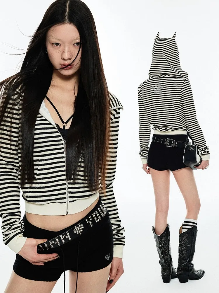 Striped Cat Ear Hoodie - Black And White Zip-Up Jacket