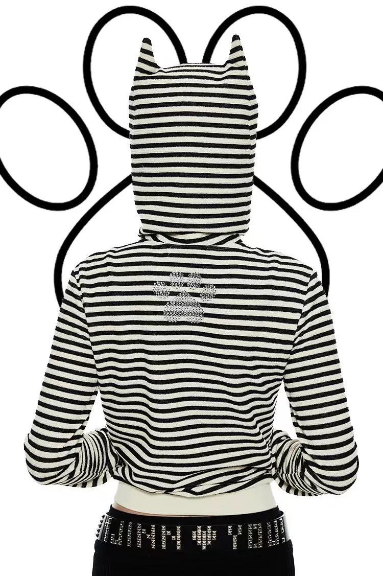 Striped Cat Ear Hoodie - Black And White Zip-Up Jacket