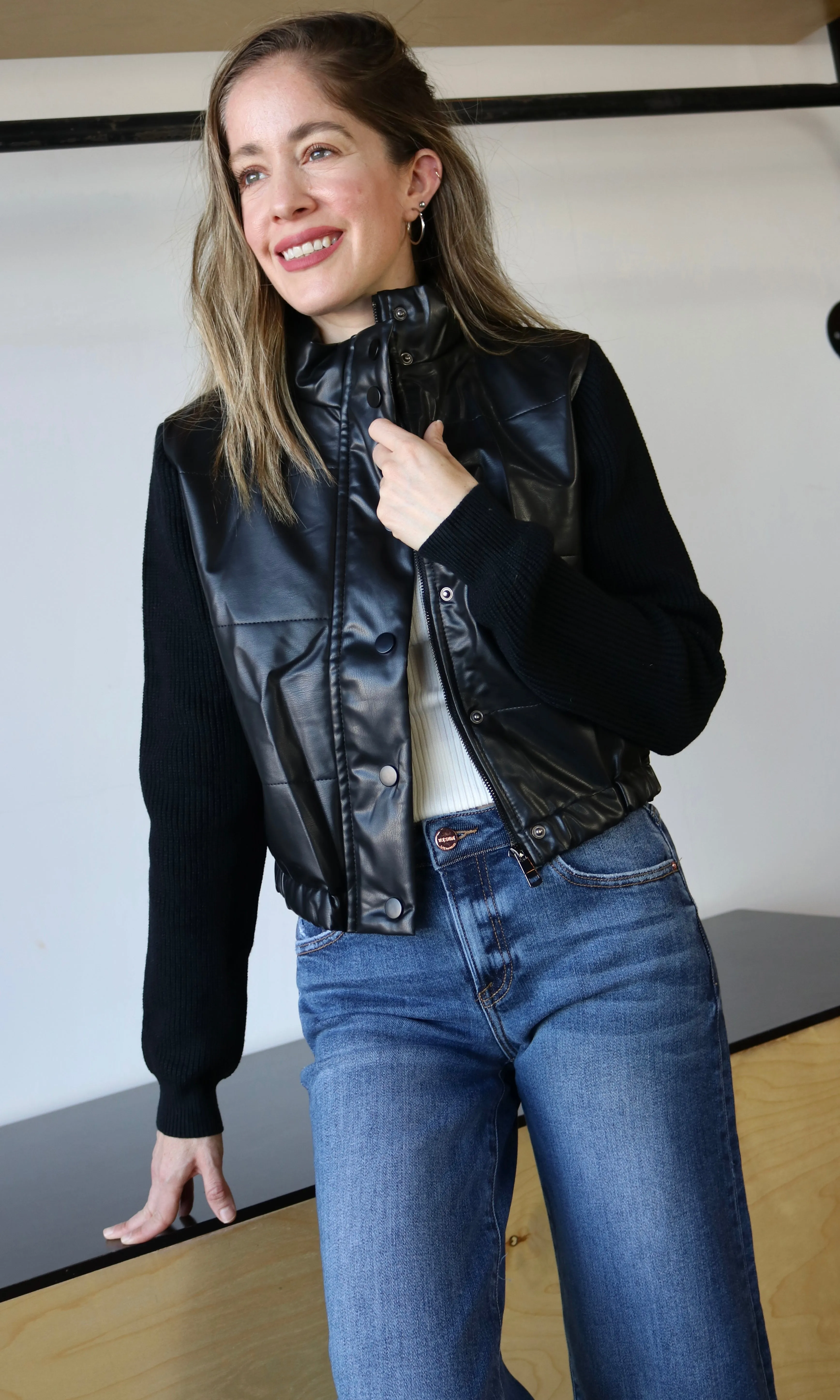 Sweater Sleeve Vegan Leather Jacket