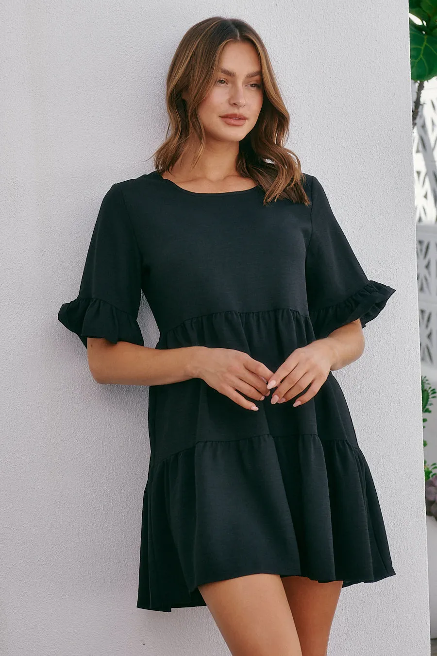 Taylor Frill Tiered Black Smock Dress