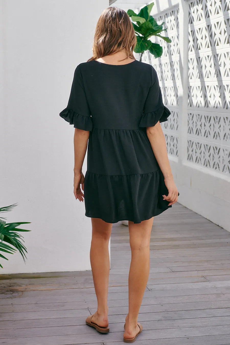 Taylor Frill Tiered Black Smock Dress