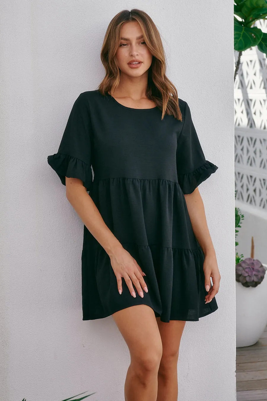 Taylor Frill Tiered Black Smock Dress