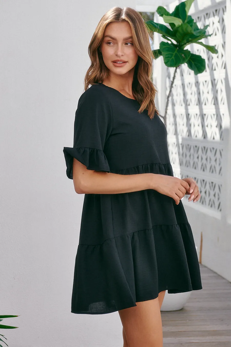 Taylor Frill Tiered Black Smock Dress