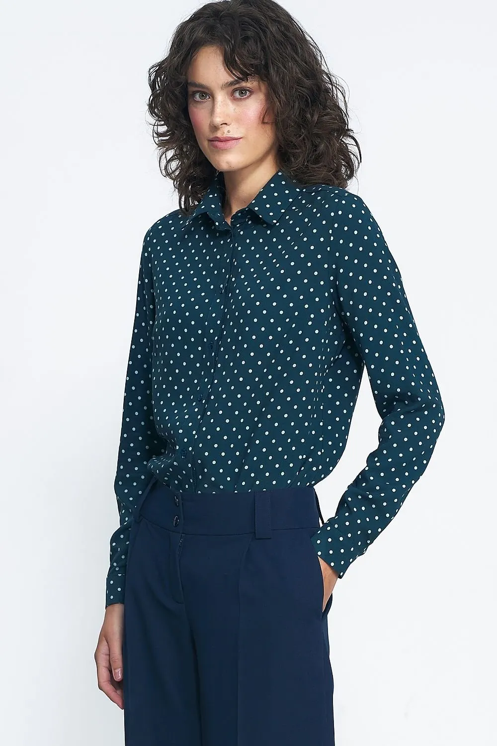 TEEK - Green Polka Dot Collared Buttoned Long Sleeve Shirt