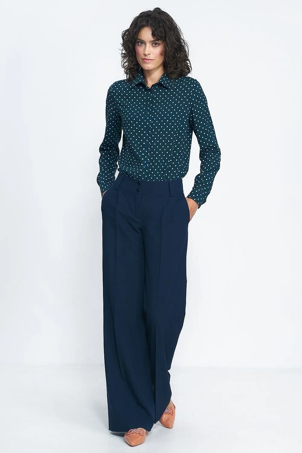 TEEK - Green Polka Dot Collared Buttoned Long Sleeve Shirt