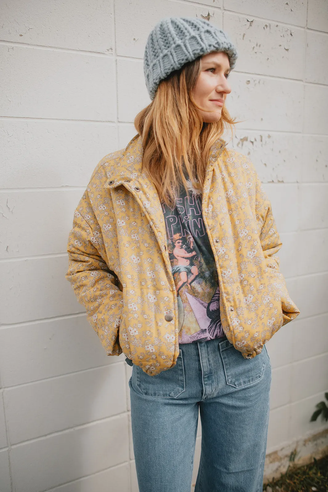 The Ditsy Puffy Jacket - Mustard Floral - PLUS