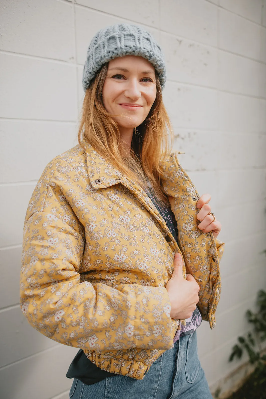 The Ditsy Puffy Jacket - Mustard Floral - PLUS