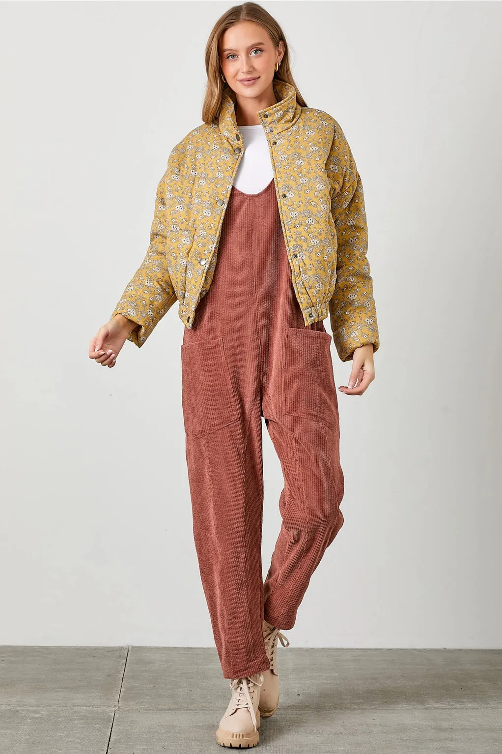 The Ditsy Puffy Jacket - Mustard Floral - PLUS