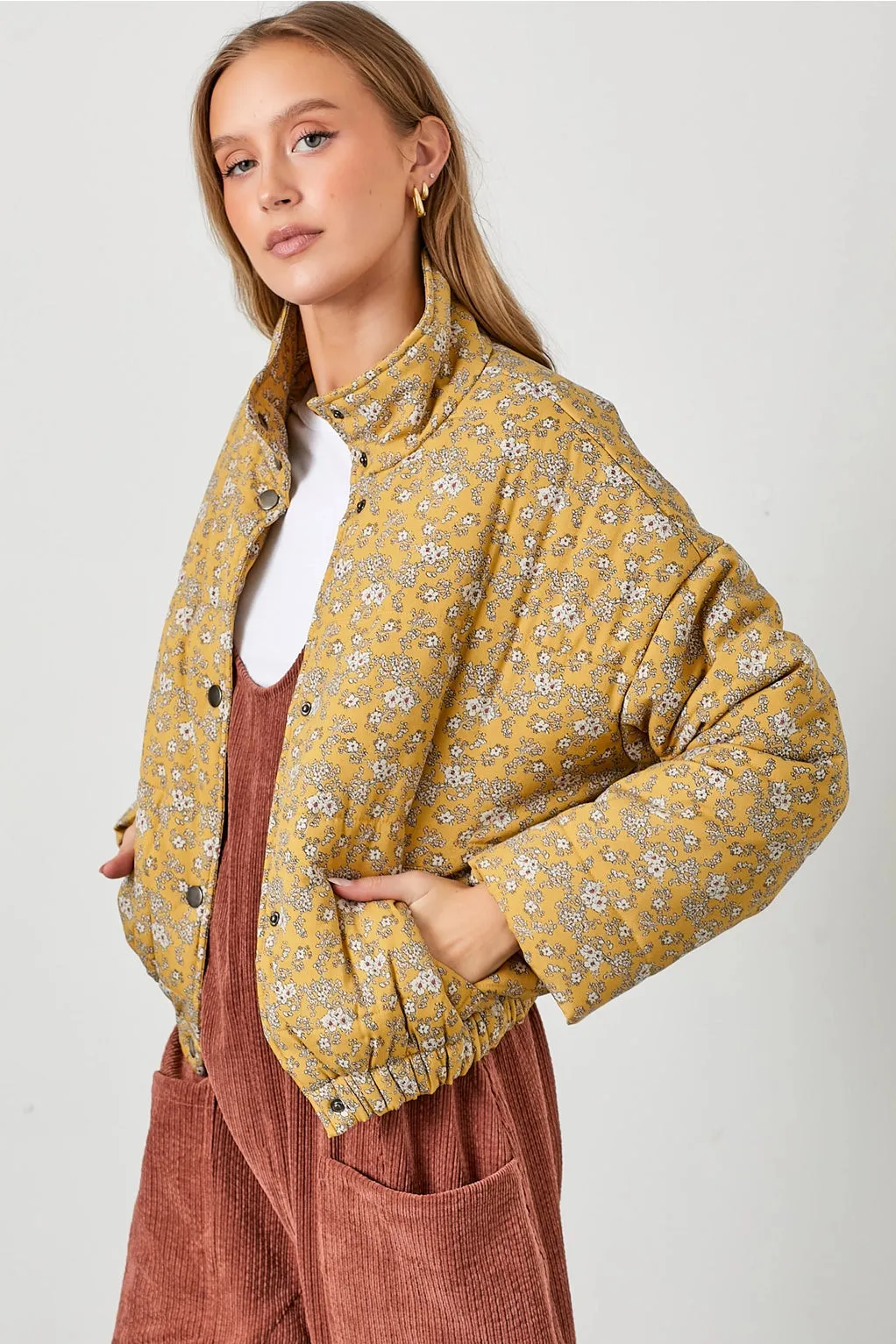 The Ditsy Puffy Jacket - Mustard Floral - PLUS