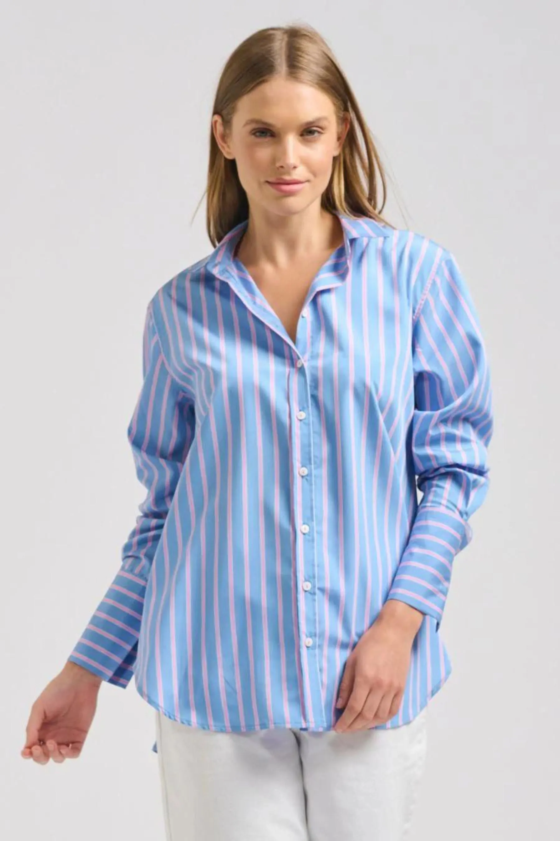 The Elodie Girlfriend Shirt | Blue Pink Stripe