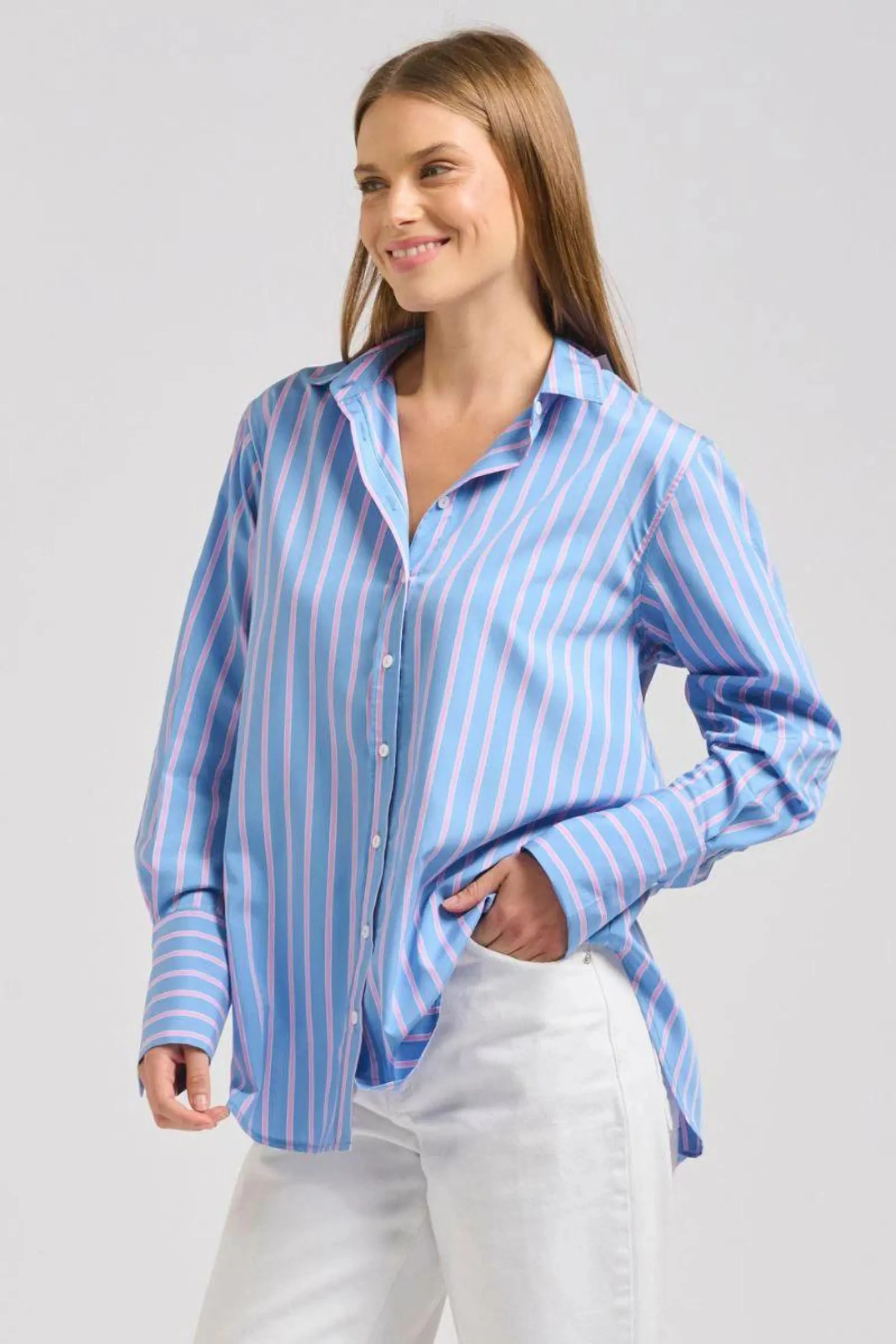 The Elodie Girlfriend Shirt | Blue Pink Stripe