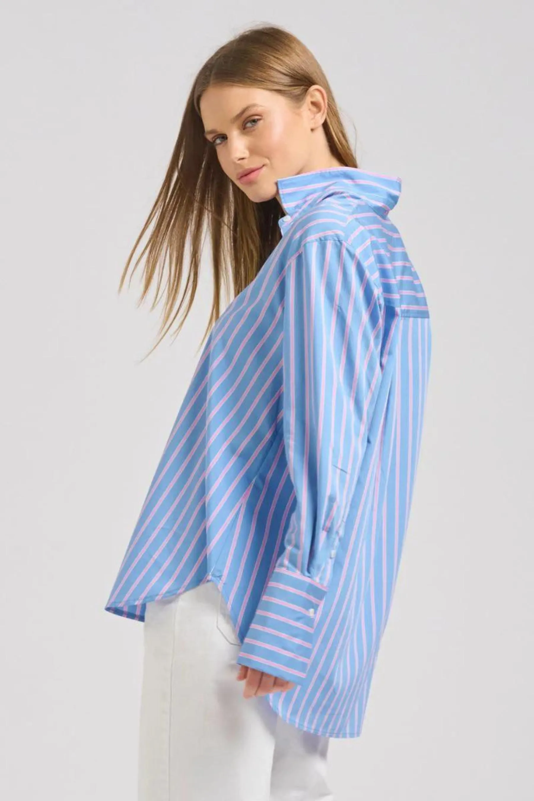 The Elodie Girlfriend Shirt | Blue Pink Stripe