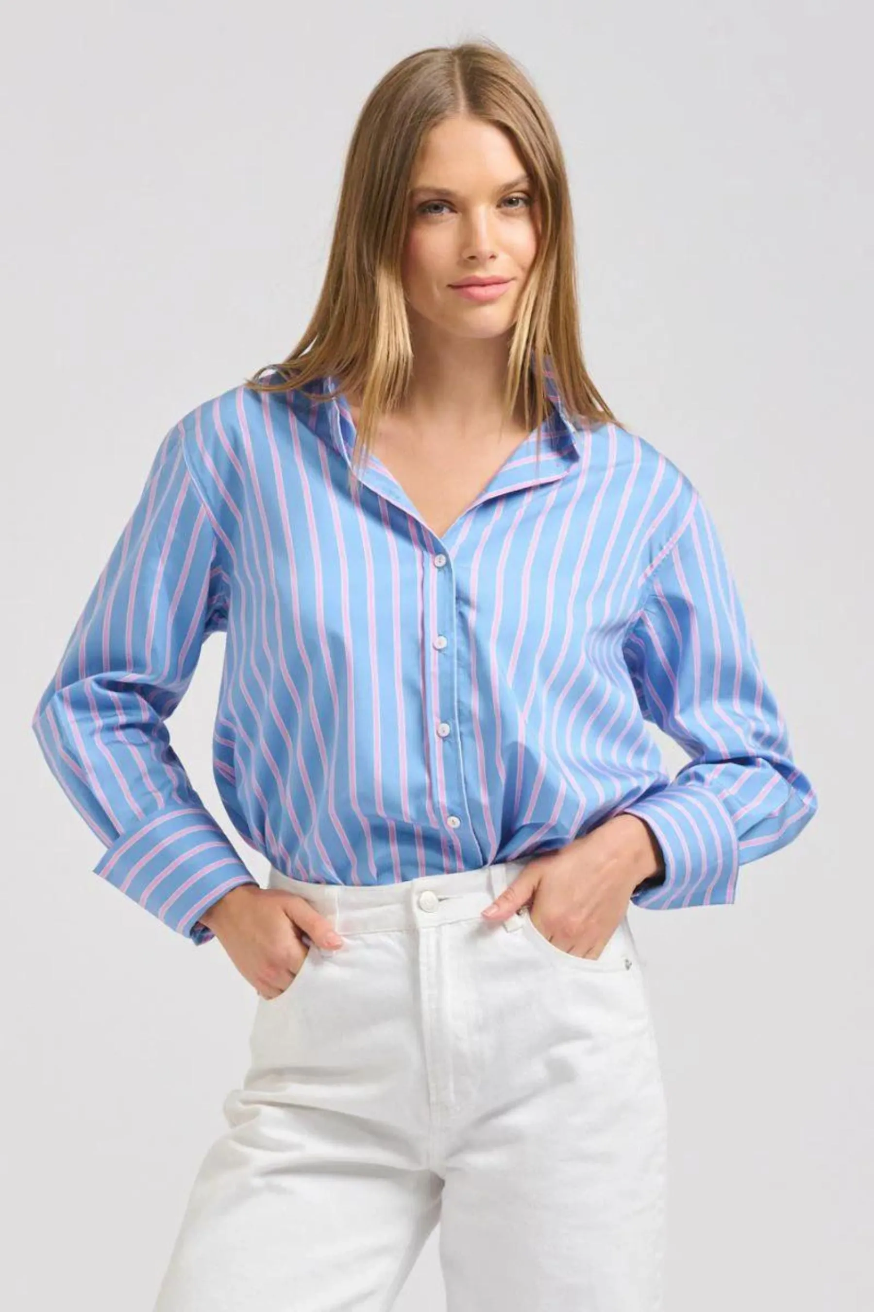 The Elodie Girlfriend Shirt | Blue Pink Stripe