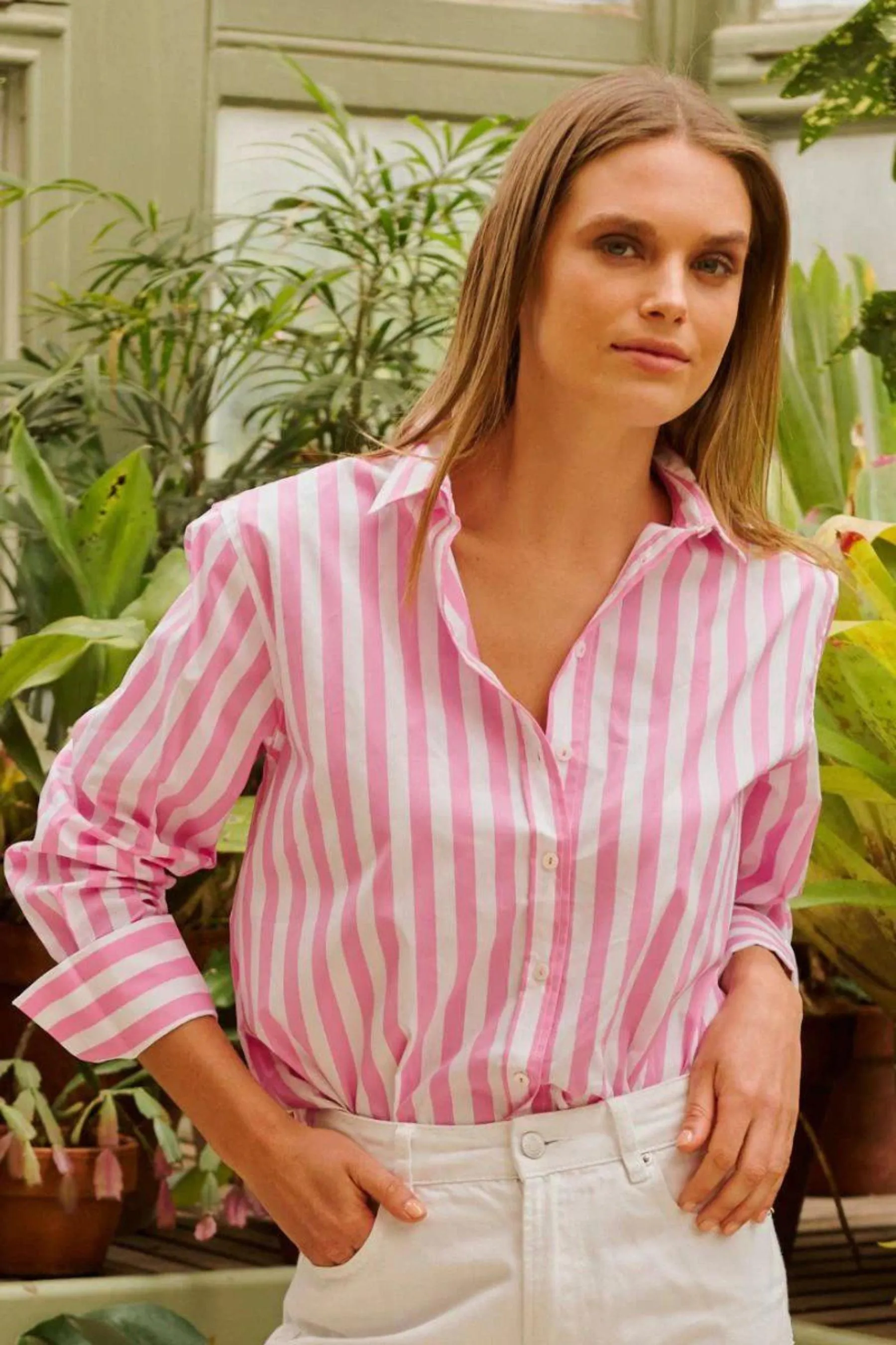 The Elodie Girlfriend Shirt | Pink Wide Stripe