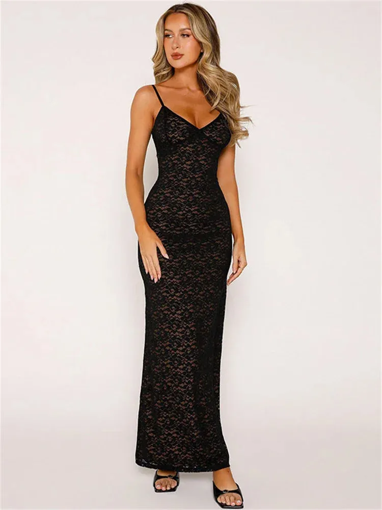 Tossy Lace Hollow Out Backless Maxi Dress Slim V-Neck See-Through High Street Summer Elegant Party Dress Fashion Slim Dress 2023