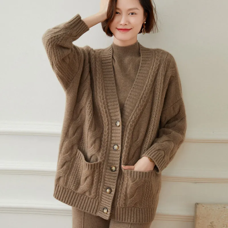 V-neck Knitted Cardigan for women Loose Casual Cable Coat  Thickened Sweater