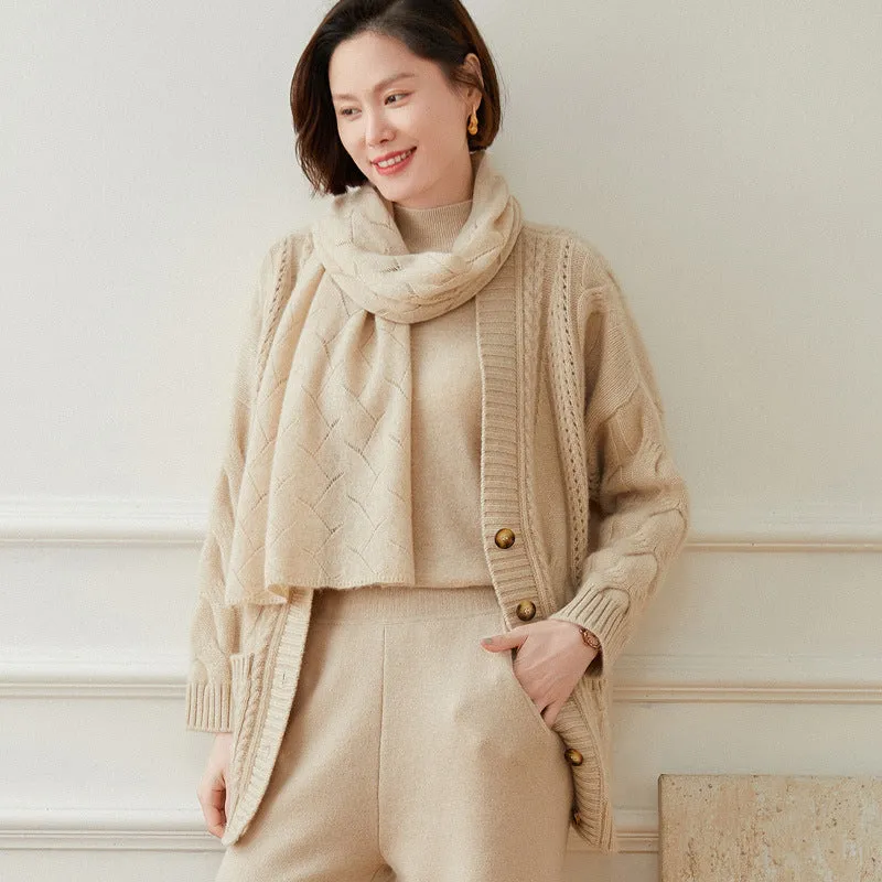 V-neck Knitted Cardigan for women Loose Casual Cable Coat  Thickened Sweater