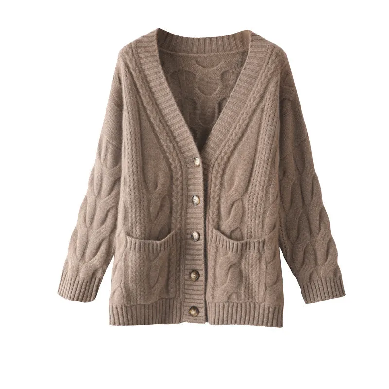 V-neck Knitted Cardigan for women Loose Casual Cable Coat  Thickened Sweater