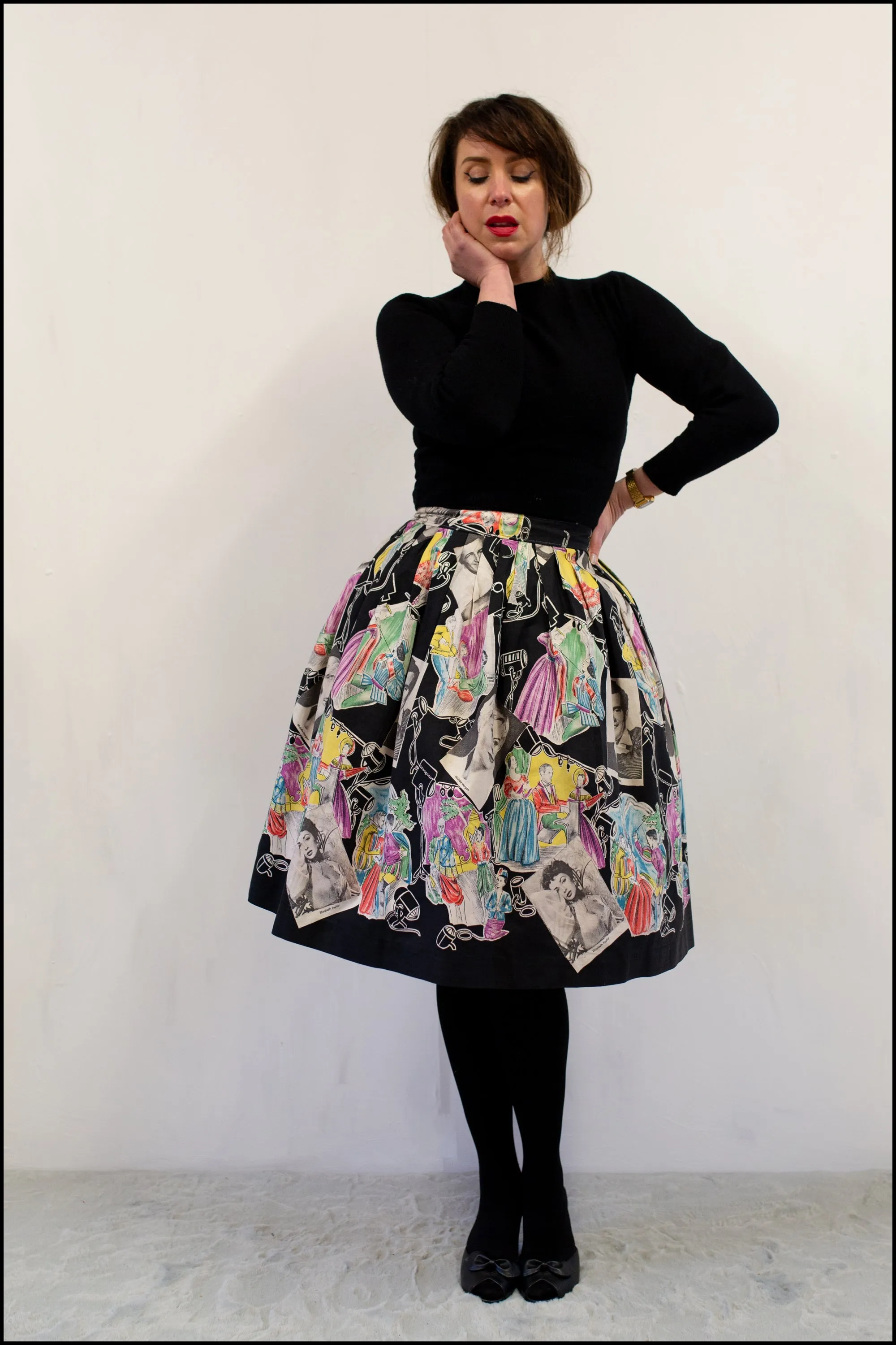 Vintage 1950s Black Hollywood Stars Print Skirt