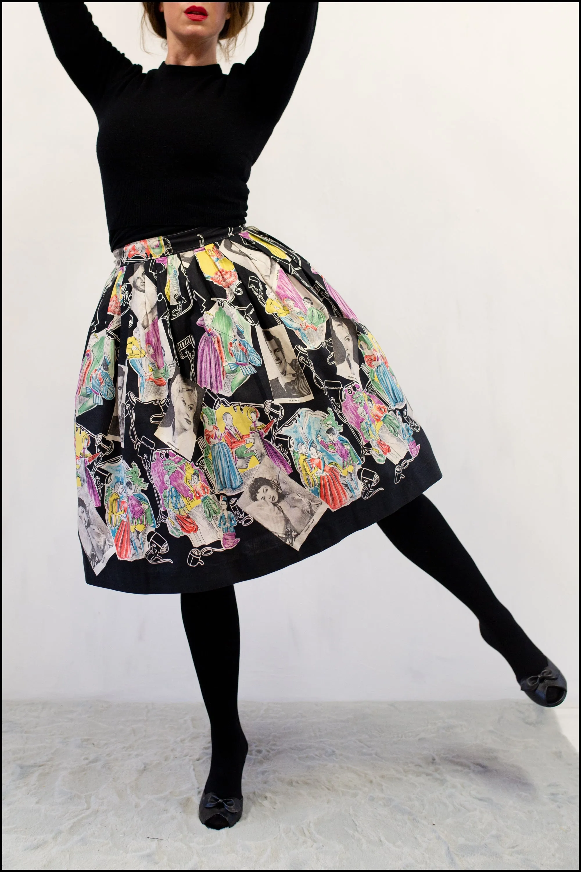 Vintage 1950s Black Hollywood Stars Print Skirt