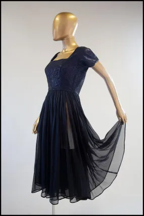 Vintage 1950s Black Metallic Silk Organza Midi Dress