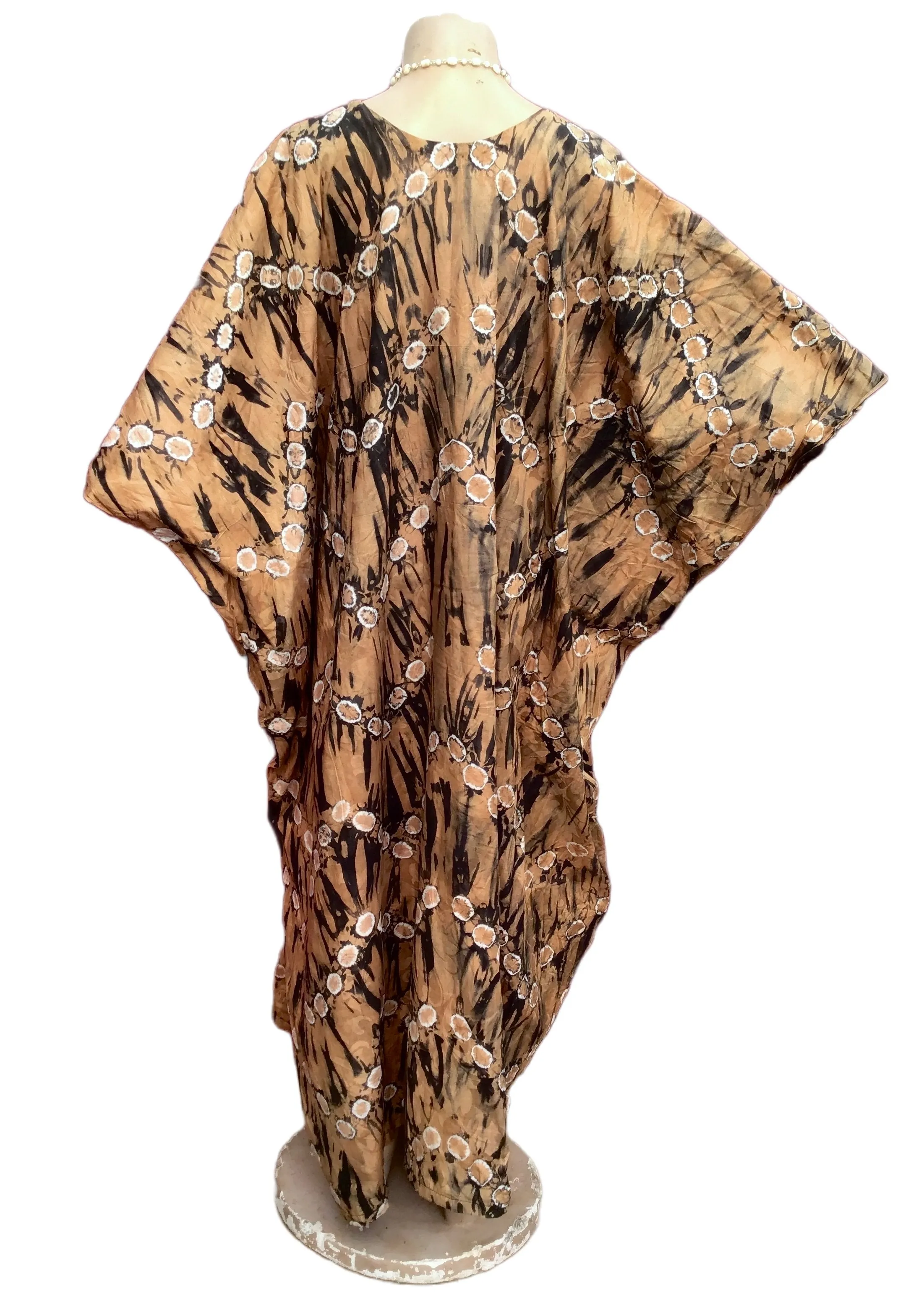 Vintage African Batik Print Brown Kaftan Maxi Dress