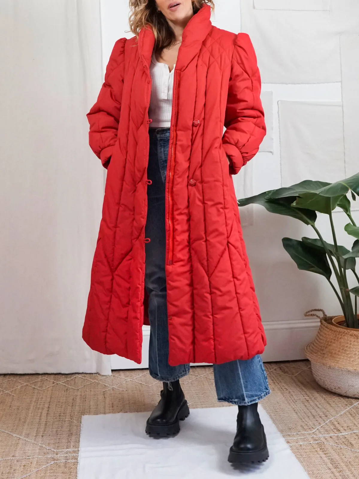 Vintage Red Quilted Long Coat