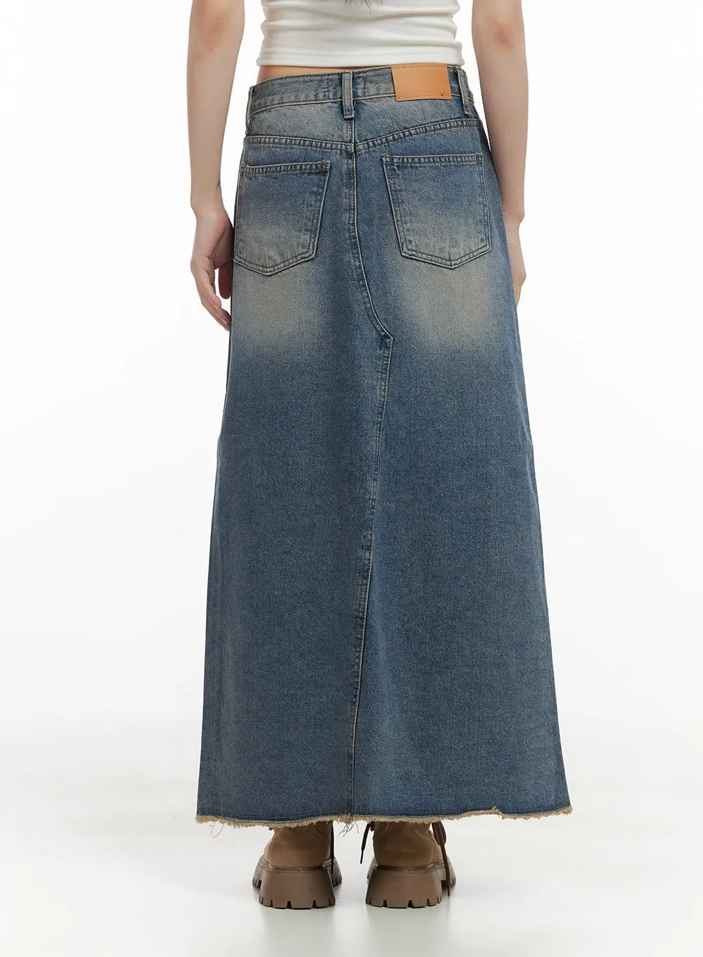 Washed Denim Maxi Skirt with Slit CS412