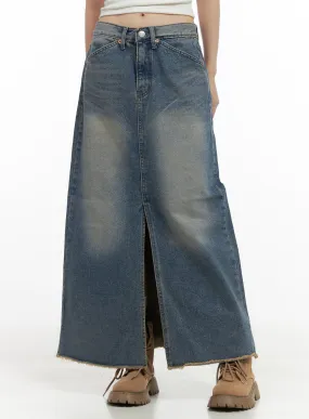 Washed Denim Maxi Skirt with Slit CS412