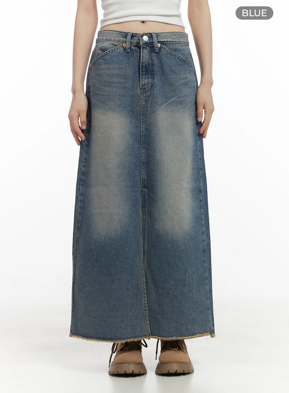 Washed Denim Maxi Skirt with Slit CS412