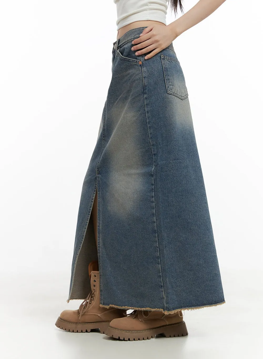 Washed Denim Maxi Skirt with Slit CS412