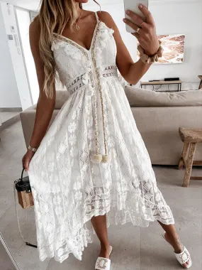 Wenkouban Women Summer Maxi Dress Lady Off Shoulder Boho Dress Sexy Lace V Neck Spaghetti Strap Sundress White Dress Vestidos De Mujer