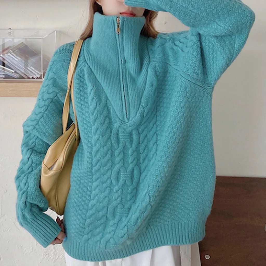 Women Half Zip Cable Knit Sweater