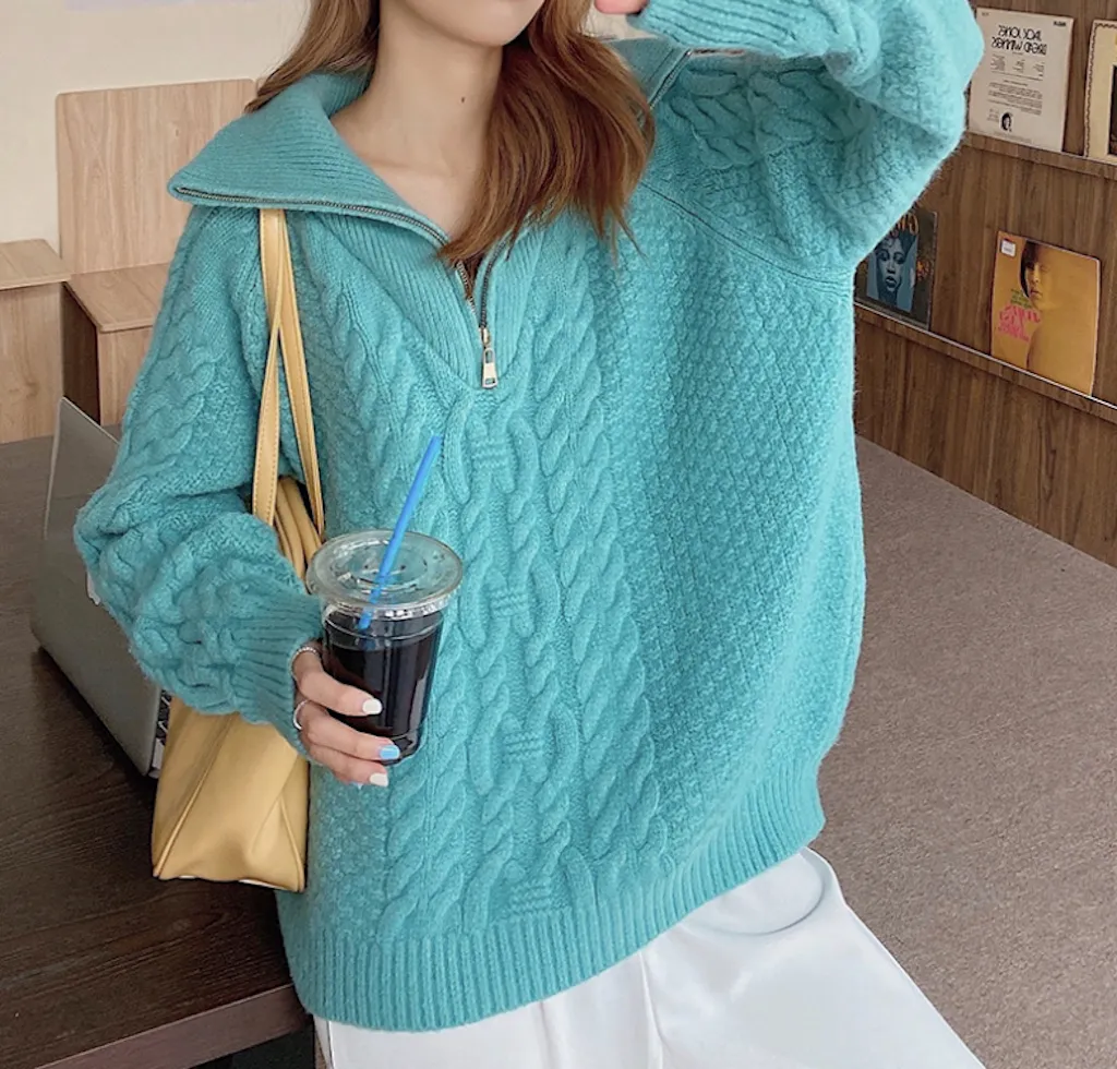 Women Half Zip Cable Knit Sweater