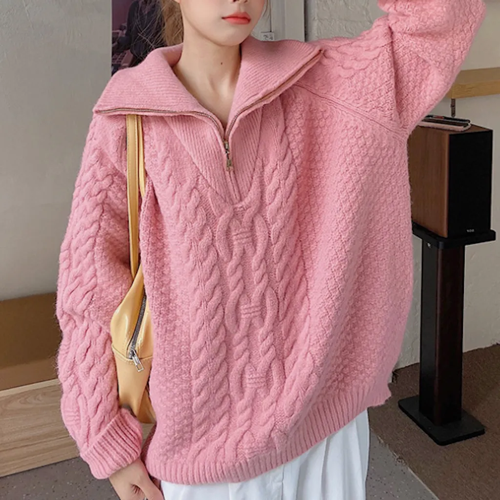 Women Half Zip Cable Knit Sweater