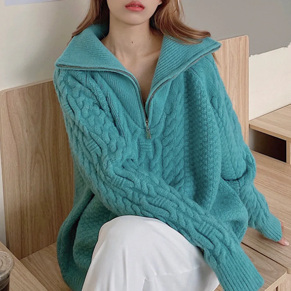 Women Half Zip Cable Knit Sweater